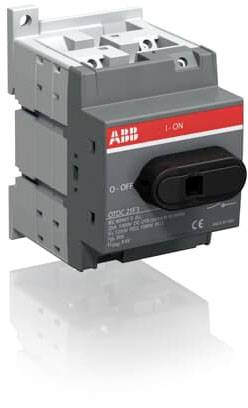 Un sectionneur de charge ABB gris avec écriture rouge et commutateur noir pour la position Marche/Arrêt.