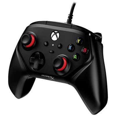 Une manette de jeu noire avec des accents rouges, un logo de marque et des boutons colorés. Elle possède un câble pour se connecter à une console.