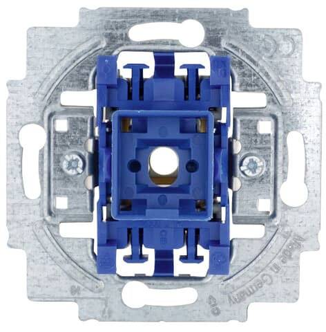 Mécanisme d'interrupteur encastrable, carré, en plastique bleu et métal, avec trous de fixation.