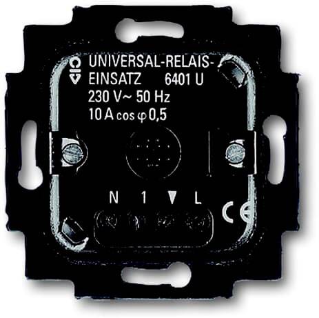 Relais universel noir, modèle 6401 U, 230 V ~ 50 Hz, 10 A, bornes N et L visibles, adapté aux circuits électriques.