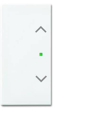 Un interrupteur blanc avec une flèche orientée vers le haut et vers le bas, et un petit point vert au centre, probablement pour le contrôle.
