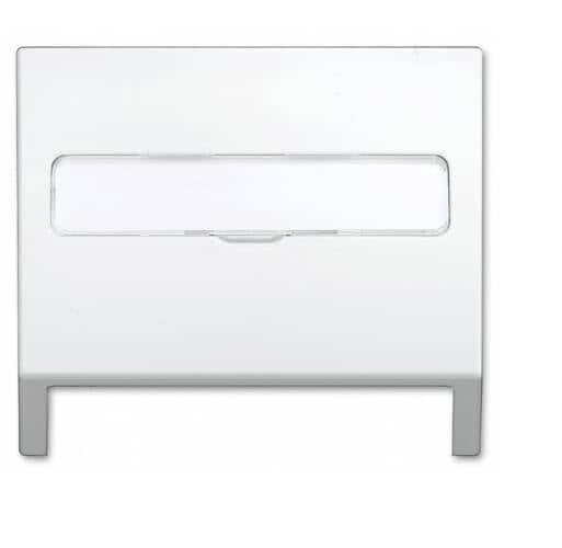 Un distributeur de serviettes en papier blanc avec une ouverture rectangulaire au centre, adapté pour une installation murale dans les toilettes publiques.