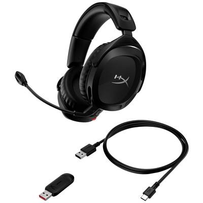 Un casque gaming noir avec microphone, récepteur USB et câble de charge USB-C. Adapté pour le jeu sans fil.