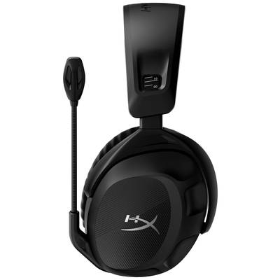 Casque de gaming noir avec perche micro sur le côté gauche, logo sur le pavillon d'oreille, adapté aux joueurs.