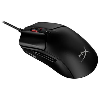 Souris d'ordinateur noire avec câble, design dynamique avec touches latérales et molette de défilement rouge. Logo 'HX' argenté sur le dessus.