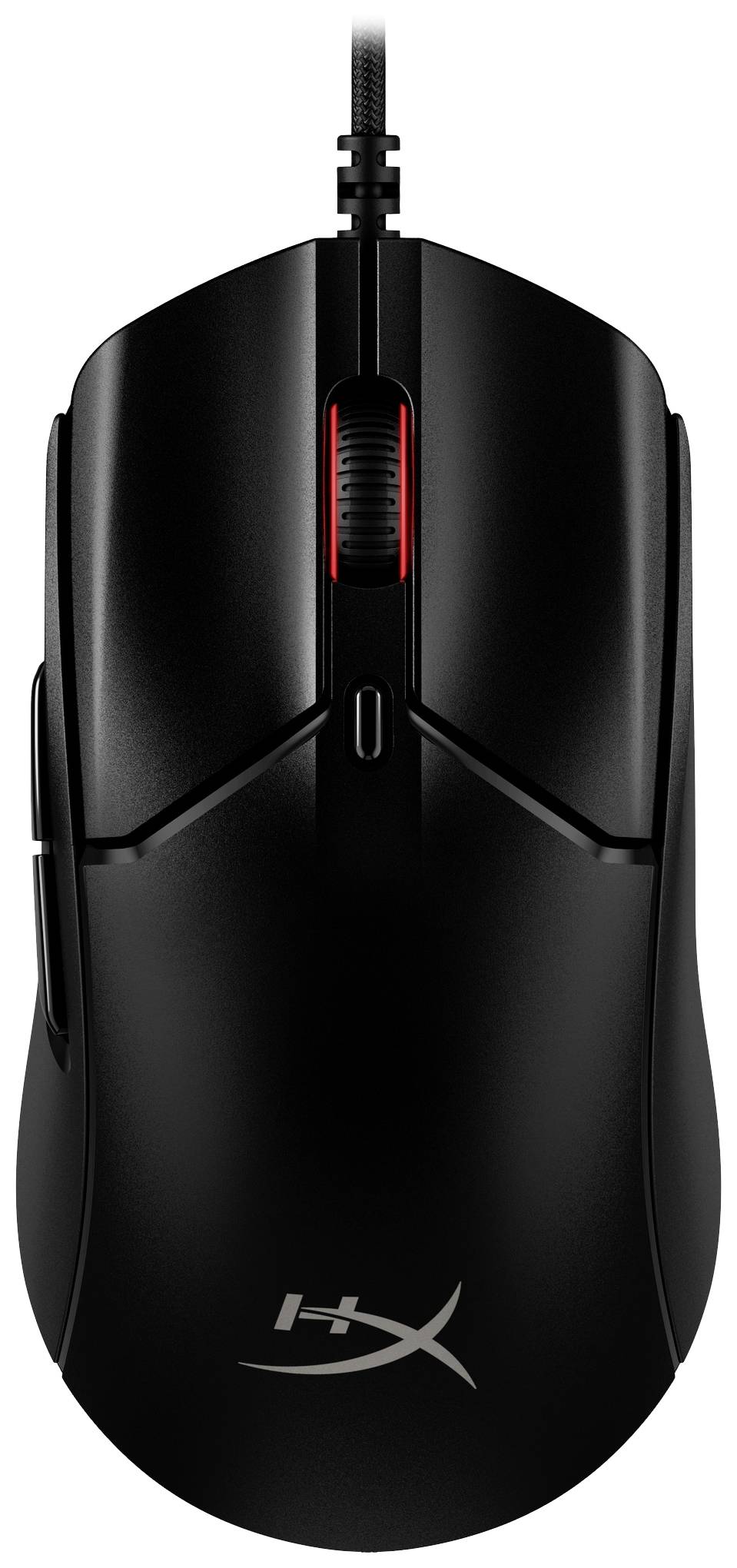 Une souris gaming noire avec une molette de défilement rouge, un câble et un logo 'HyperX' sur le dessus.