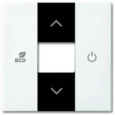 Un panneau de commande lumineux avec une bande centrale noire, affichant un symbole ECO à gauche et un bouton marche/arrêt à droite. Des flèches en haut et en bas.