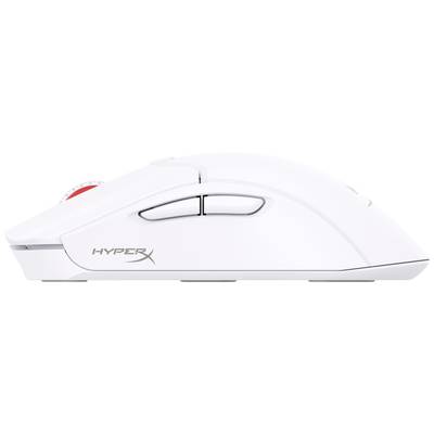 Souris de jeu sans fil blanche vue de côté, avec deux boutons sur le côté gauche et une molette de défilement rouge.