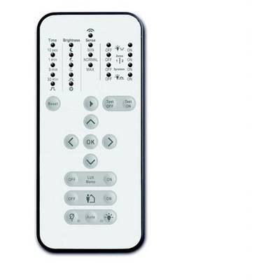 Télécommande avec touches pour le temps, la luminosité et les paramètres du capteur. Affiche les options de personnalisation de l'éclairage et de la détection de mouvement.