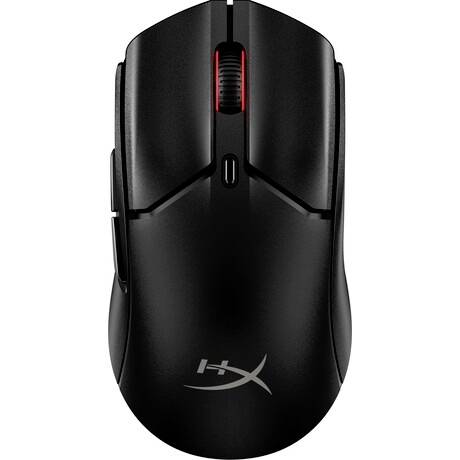 Souris de jeu noire HyperX, vue de dessus ; design ergonomique avec molette de défilement rouge.