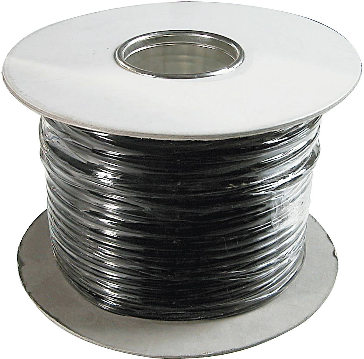 Câble noir sur un bobineau, prêt à être utilisé dans des installations électriques. Adapté aux applications intérieures et extérieures.