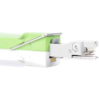 Classeur vert et blanc en métal et plastique, gros plan latéral.