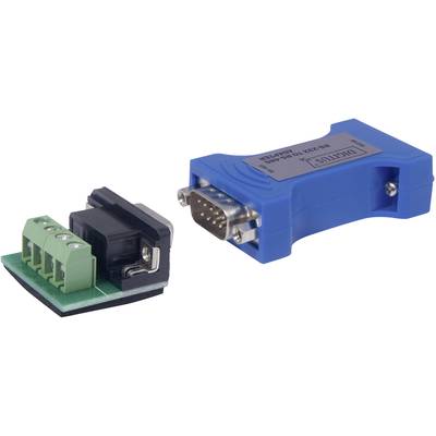 'Convertisseur bleu RS-232 vers RS-485, montrant les connexions sur l'avant et l'arrière.'