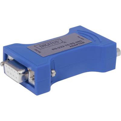 Adaptateur bleu portant l'inscription 'ADAPTATEUR RS-232 vers RS-485', utilisé pour connecter différentes interfaces électroniques.