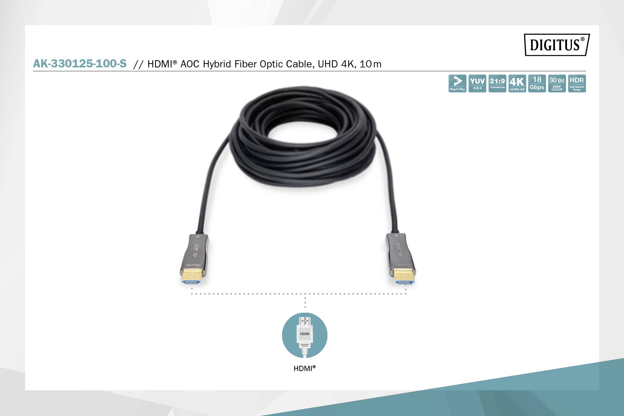 Câble à fibre optique hybride HDMI AOC, UHD 4K, 10m. Deux fiches HDMI connectées par un câble de 10m. Numéro de modèle AK-330125-100-S.