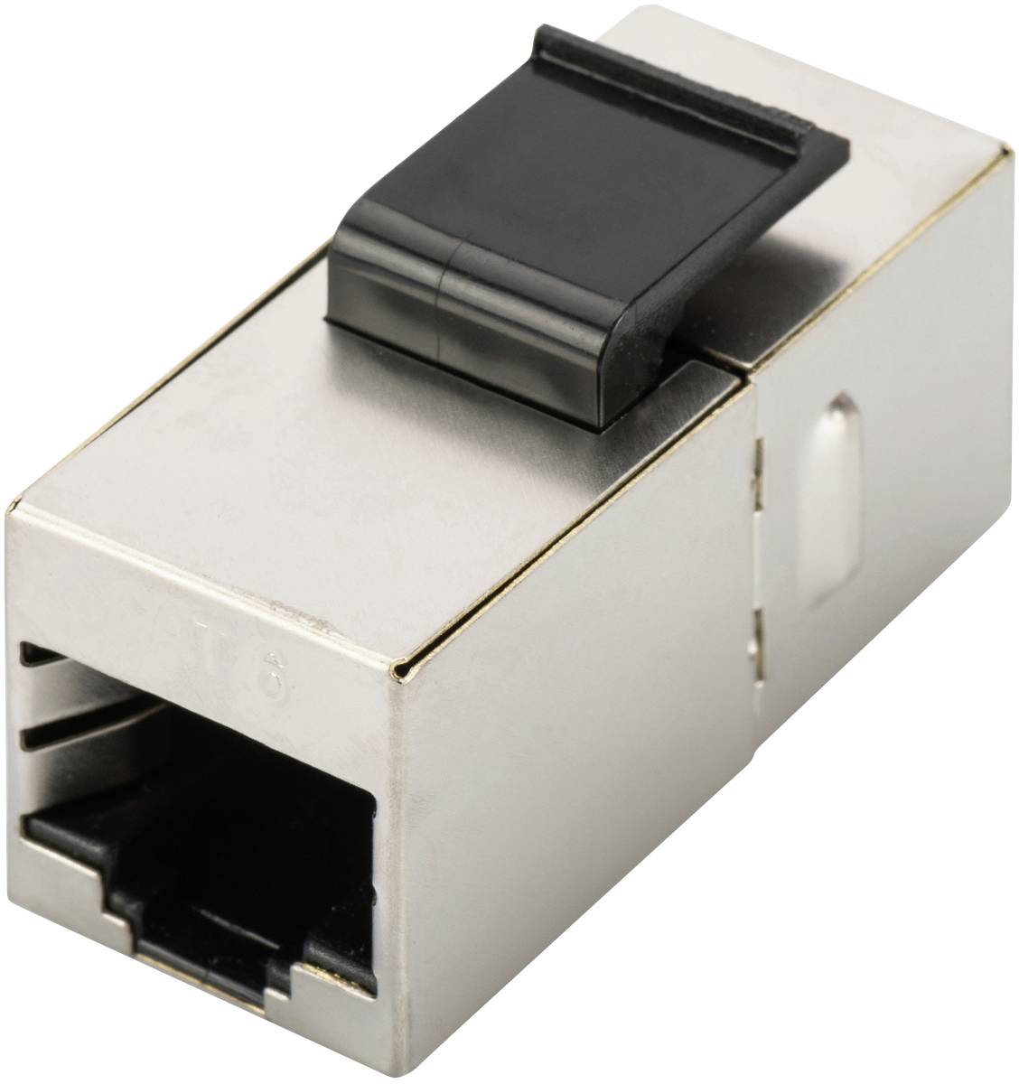 Un adaptateur réseau RJ45 avec un boîtier argenté et un clip noir, utilisé pour connecter des câbles Ethernet.