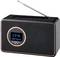 Une radio DAB portable avec antenne télescopique. L'écran affiche '23:46 Radio DAB'. Design noir avec bordure couleur cuivre.