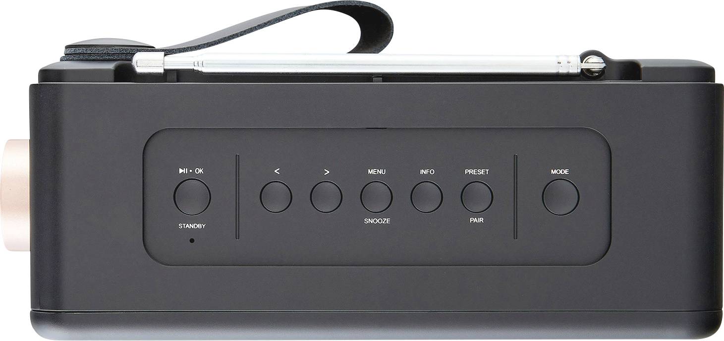 Radio portable noir avec plusieurs éléments de commande et une poignée argentée. Comprend des touches pour Marche/Arrêt, Menu, Info et Mode.