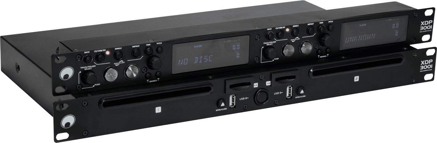 Un lecteur CD double platine pour DJ avec différents contrôleurs et affichages numériques, adapté aux applications audio professionnelles.