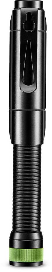 Une lampe de poche noire avec un détail vert à l'extrémité de la poignée, placée au centre de l'image.