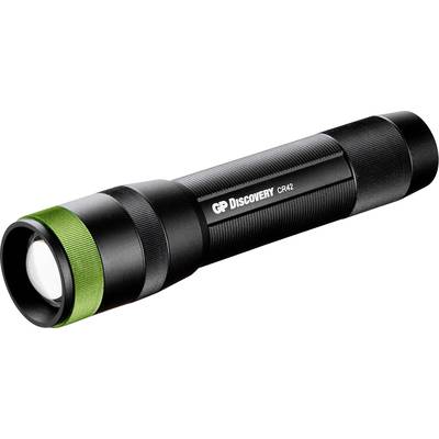 Une lampe de poche noire avec un anneau vert sur la tête, portant l'inscription 'GP Discovery CR42'.