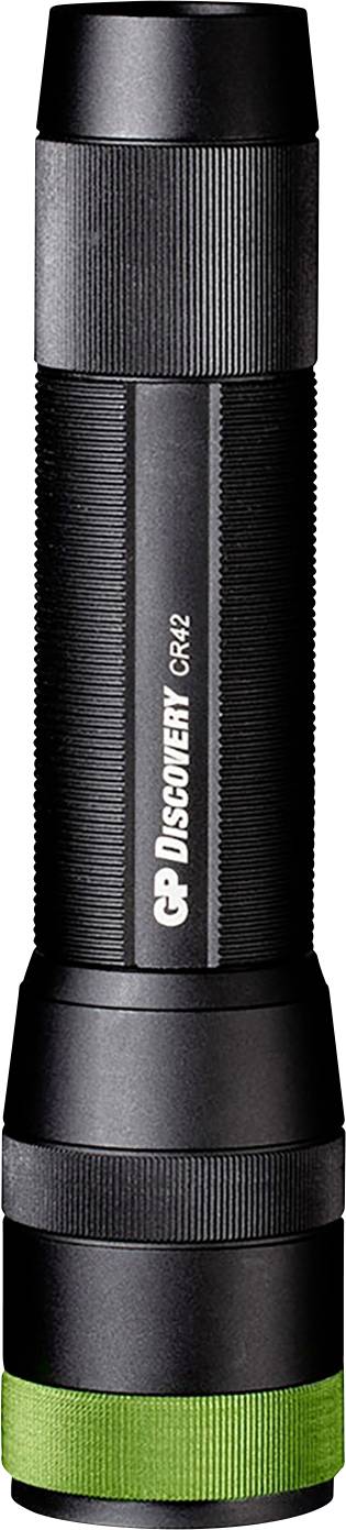 Une lampe de poche noire avec un anneau vert à son extrémité. Elle possède une surface texturée en dents de scie pour une meilleure prise en main.