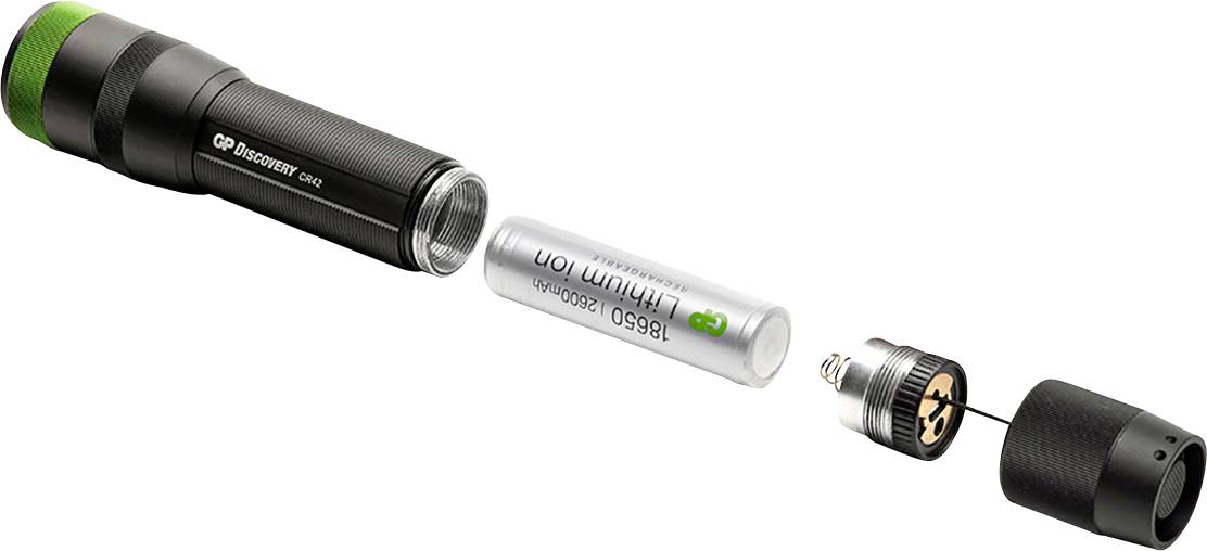 Lampe de poche démontée avec batterie retirée. Le boîtier, la batterie et le capuchon arrière sont représentés séparément.