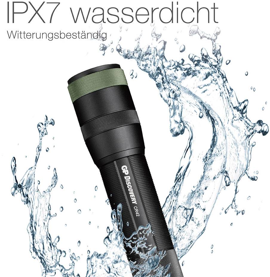 Lampe de poche résistante à l'eau, avec texte 'Étanche IPX7, Résistant aux intempéries'.