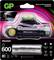 Une lampe frontale multifonctionnelle rechargeable nommée 'GP Discovery'. L'emballage présente la lampe et la batterie, 600 lumens.