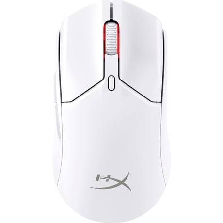 Souris PC blanche au design ergonomique, portant le logo 'HX' sur sa face inférieure, avec une molette de défilement rouge au centre.
