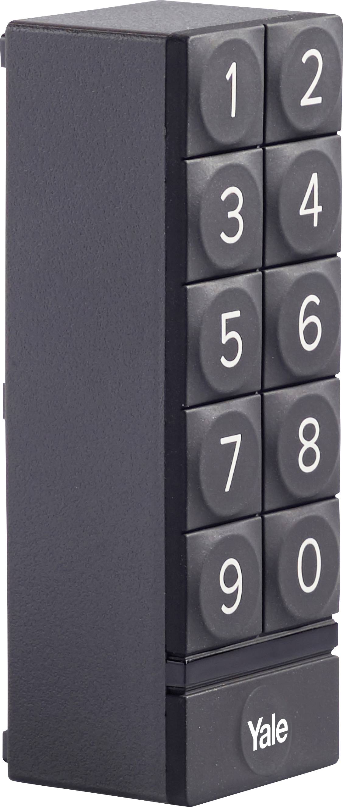 Un clavier numérique vertical noir avec dix touches, numérotées de 0 à 9. La marque s'appelle "Yale".