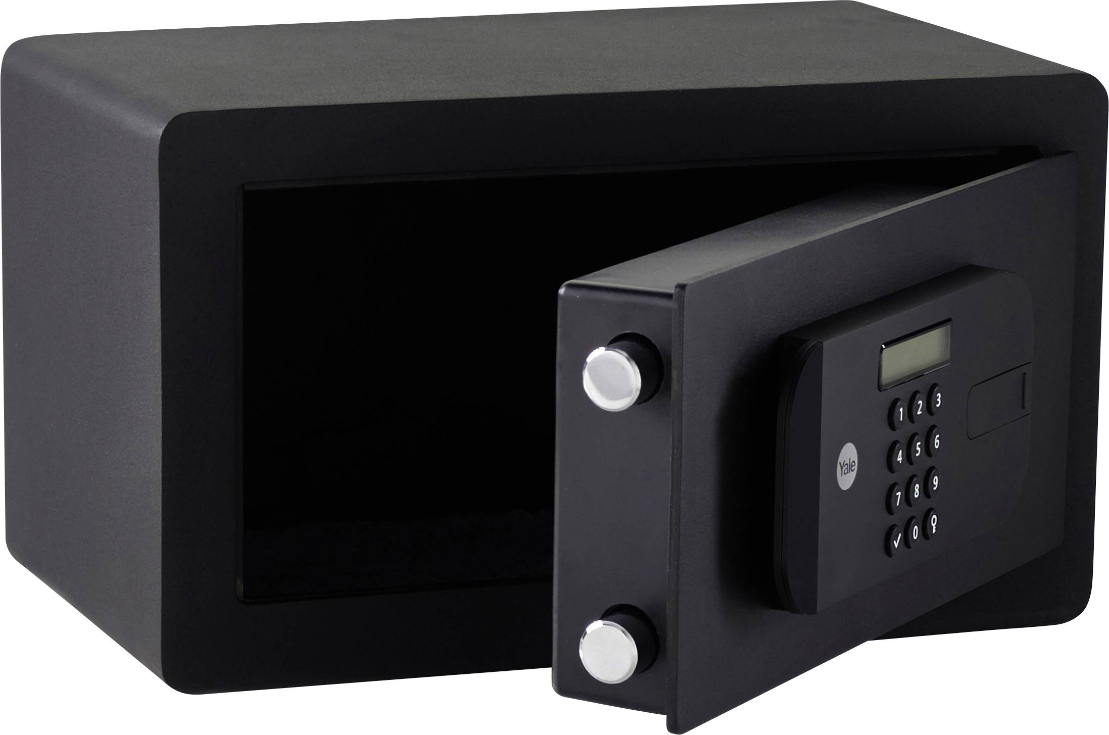 Un coffre-fort noir avec une porte ouverte et un pavé numérique digital. Il présente une construction solide et des mécanismes de verrouillage sécurisés.