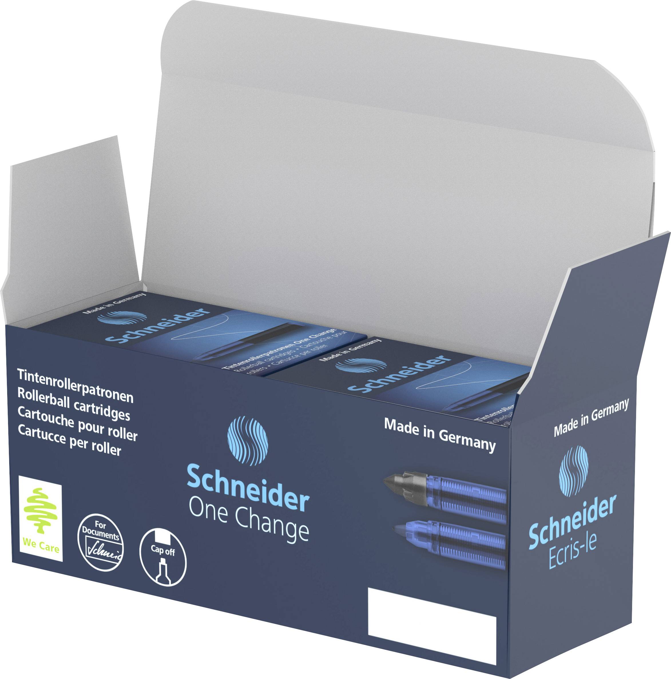 Boîte ouverte contenant des recharges d'encre bleue pour roller de la marque Schneider, étiquetées 'One Change', 'Made in Germany'.