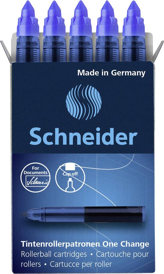 Un emballage de cartouches d'encre roller Schneider bleu. Texte : « Made in Germany », « Schneider », « Cartouches d'encre roller One Change ».
