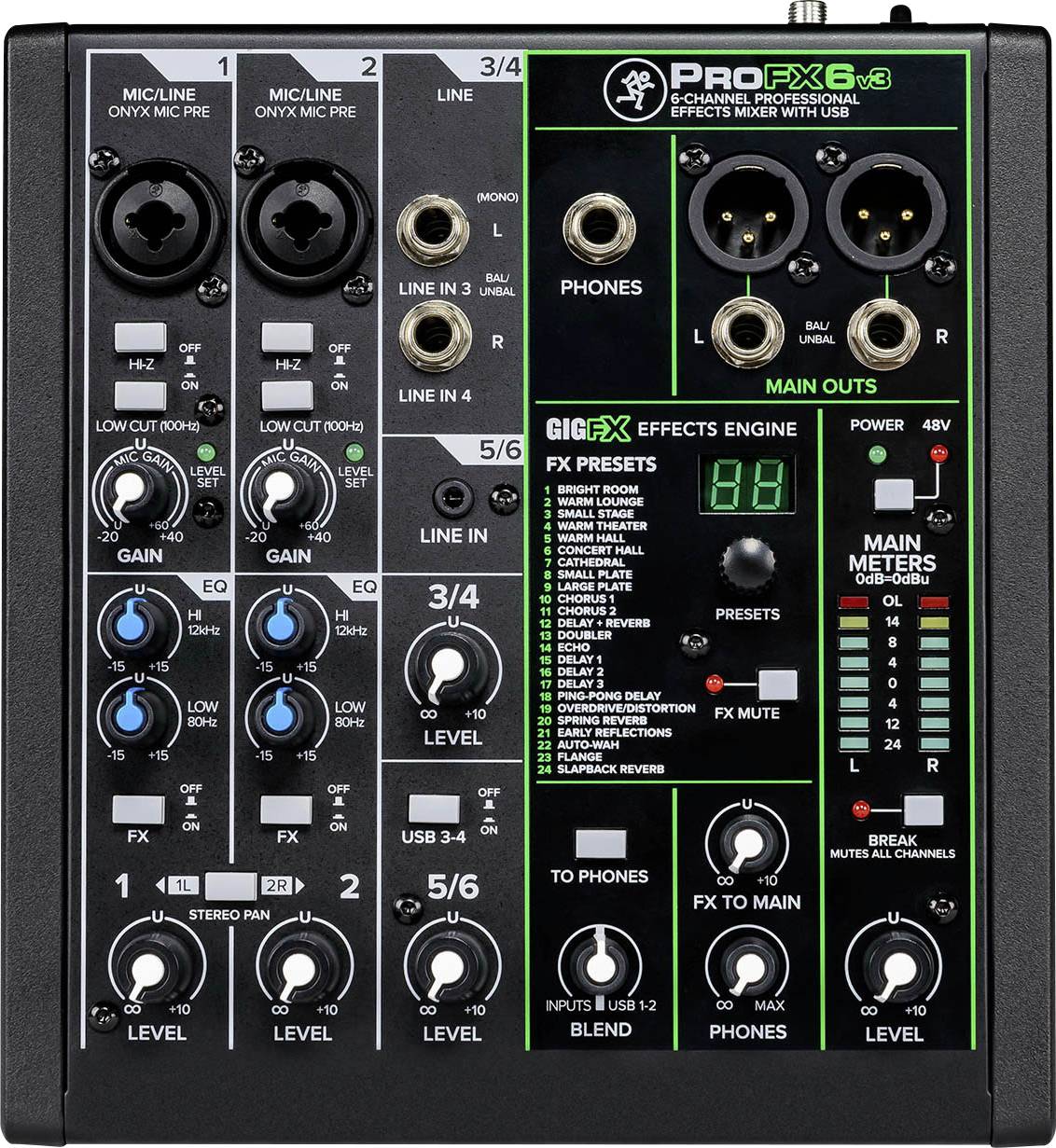 Un mixeur audio 6 canaux avec USB, potentiomètres rotatifs, réglages d'effets et affichage, adapté au traitement audio professionnel et au mixage.