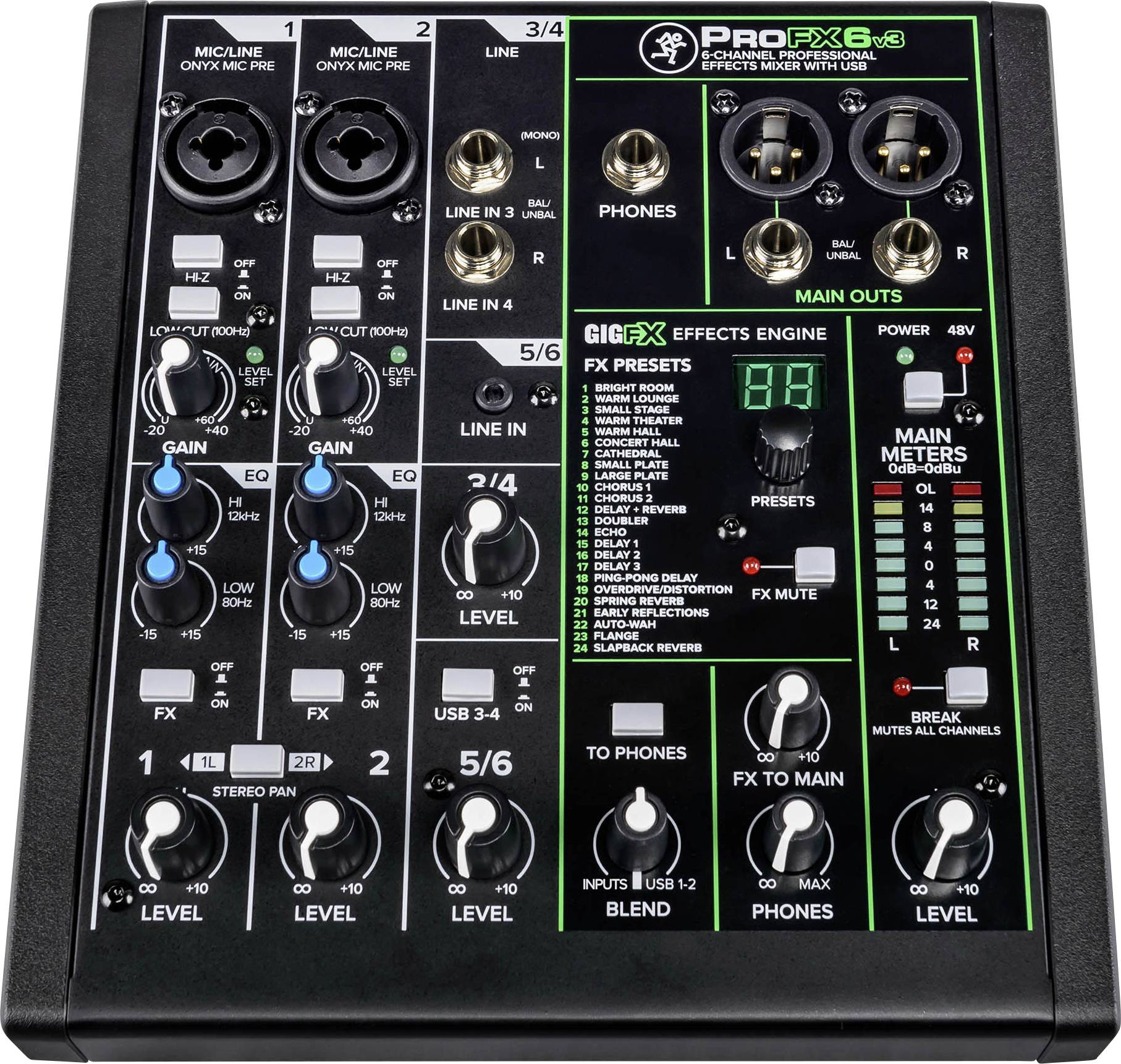 Table de mixage avec différents potentiomètres et commutateurs pour les entrées microphone et les effets sonores. Contient des étiquettes pour le contrôle des canaux et des effets.
