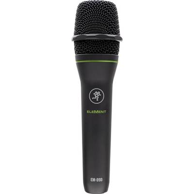 Microphone noir avec un accent vert et un logo d'un homme en mouvement, modèle EM-89D, de la marque 'Element', conçu pour des enregistrements en studio ou en direct.