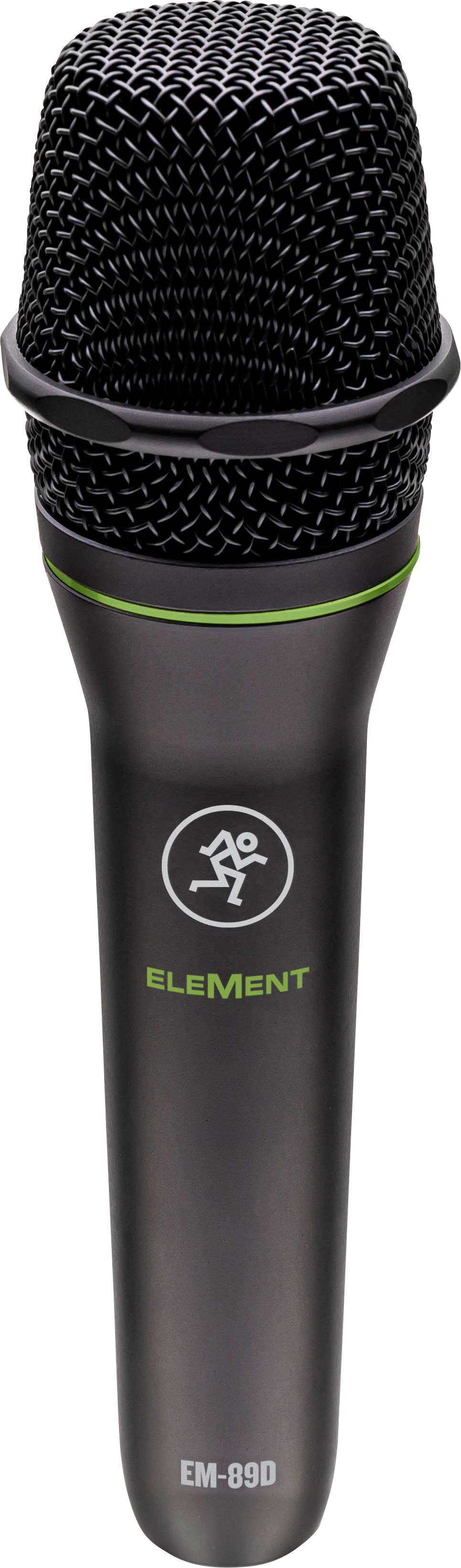 Microphone noir filaire avec détail vert, adapté pour des performances live ou des enregistrements en studio. Marquage : 'ELEMENT EM-89D'.