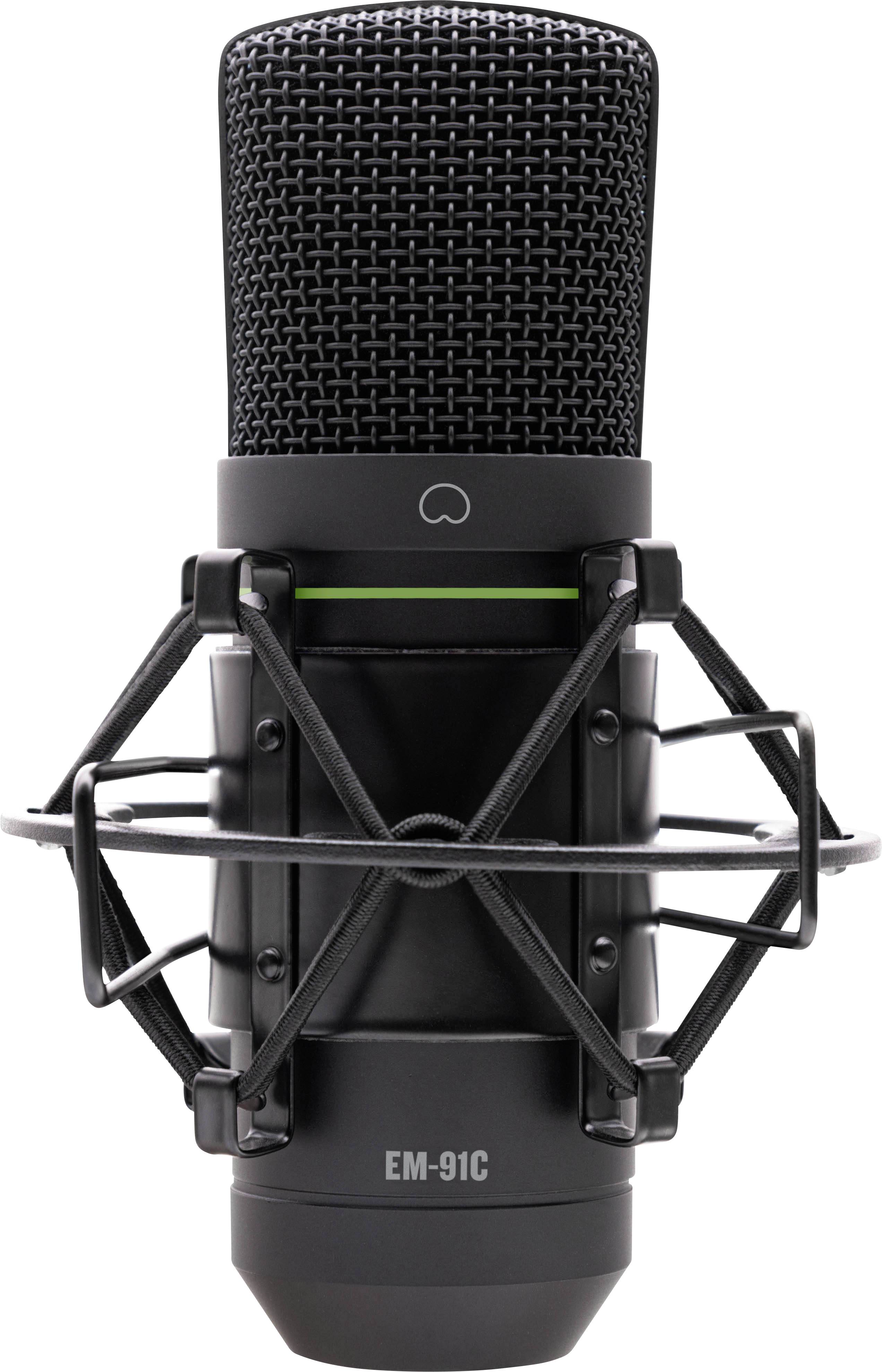 Un microphone de studio noir avec araignée d'isolation antivibratoire, numéro de modèle 'EM-91C'. Adapté pour les enregistrements audio.