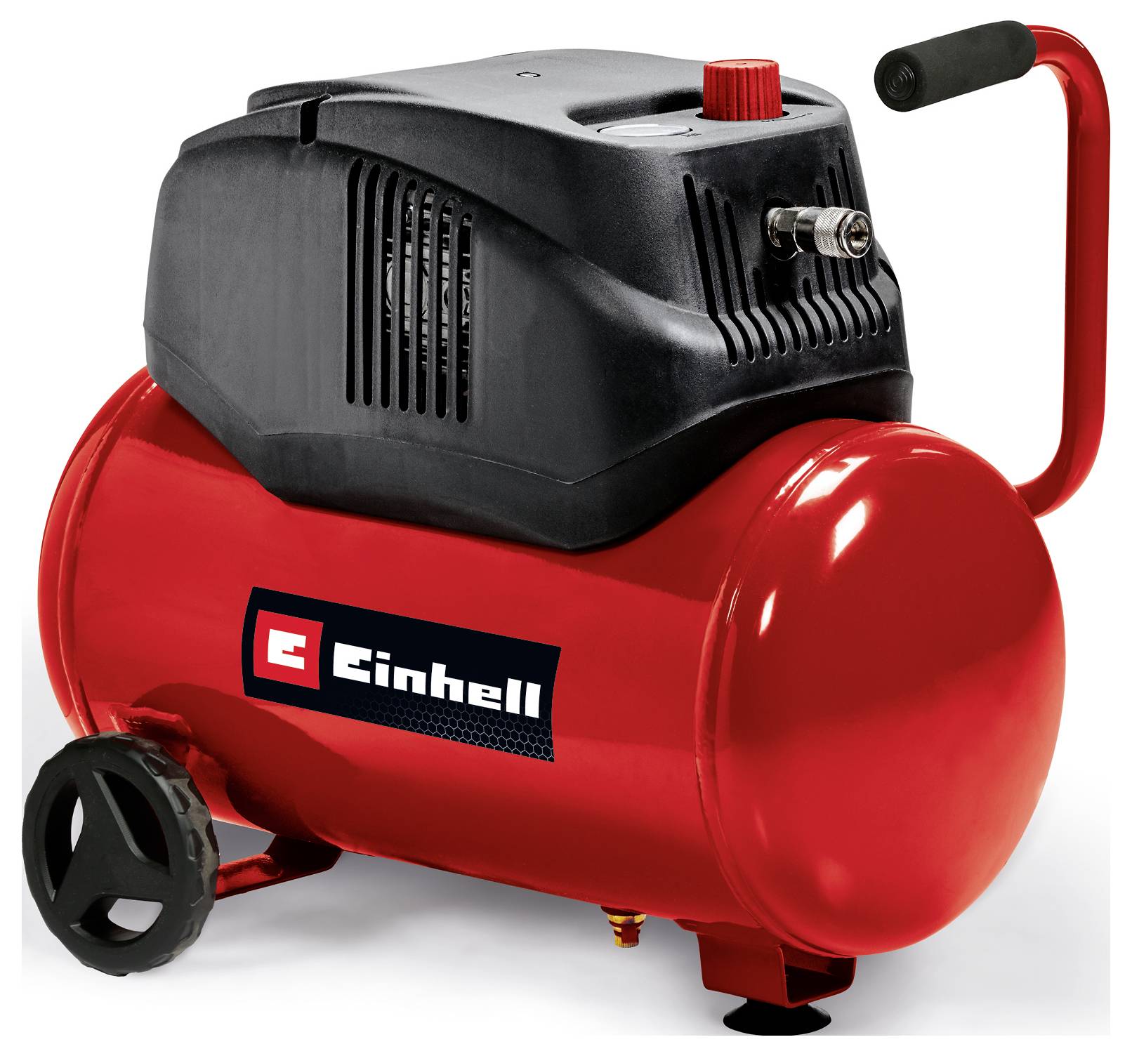 Compresseur d'air Einhell rouge avec carter moteur noir, poignée, roues et réservoir de pression sur fond blanc.