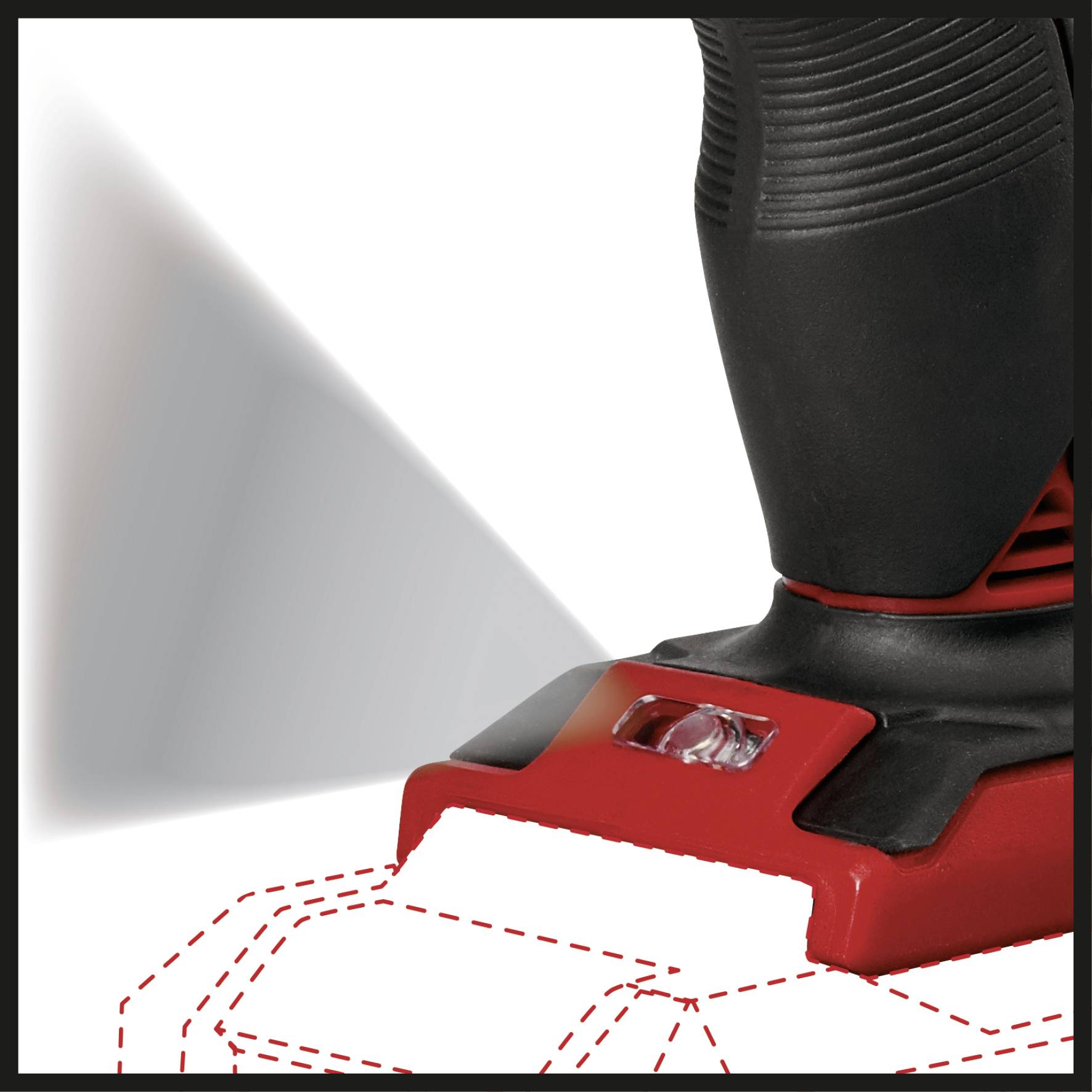 Visseuse sans fil avec poignée ergonomique en gros plan, présentant un design rouge et noir avec des éléments de commande mis en valeur.