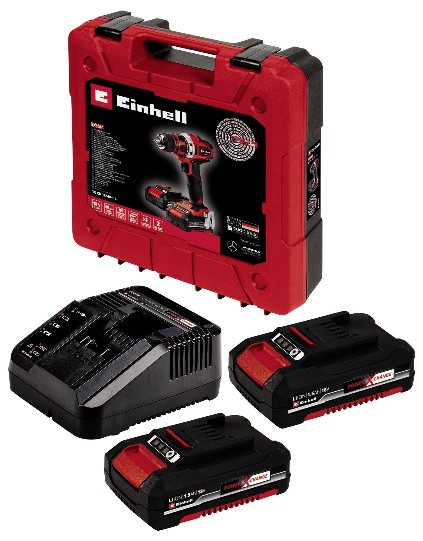 Ensemble de perceuse-visseuse sans fil dans un coffret rouge. Comprend perceuse, chargeur et deux batteries. Marque : Einhell.