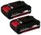 Deux batteries Li-Ion 18V noir et rouge de la série Power X-Change d'Einhell, d'une capacité de 1,5 Ah. Disposant d'un indicateur de charge sur le dessus.