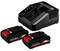 Chargeur avec deux batteries rechargeables lithium-ion. Les batteries sont noires avec des accents rouges et sont destinées aux outils.