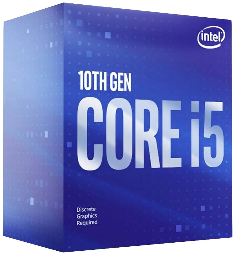 Processeur Intel Core i5, 10e génération, emballage bleu. Texte : « Carte graphique dédiée requise ».
