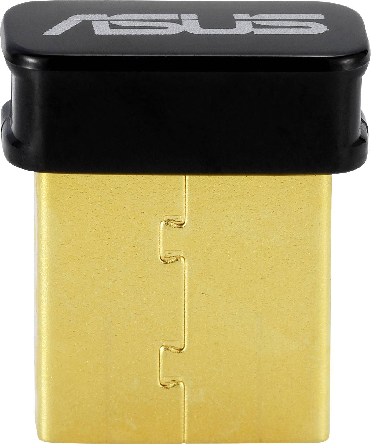 Un petit adaptateur USB avec un capuchon noir. Le logo 'ASUS' est imprimé sur le dessus. Adapté pour les connexions sans fil.