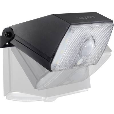 Une lampe murale d'extérieur à LED noire avec détecteur de mouvement intégré et boîtier transparent, conçue pour un éclairage économe en énergie.
