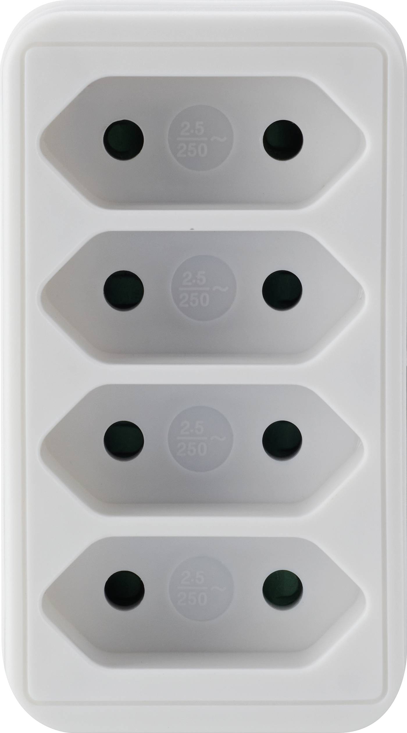 Multiprise quadruple, de couleur blanche, quatre emplacements pour prises rondes, adaptée aux types de fiches européennes.