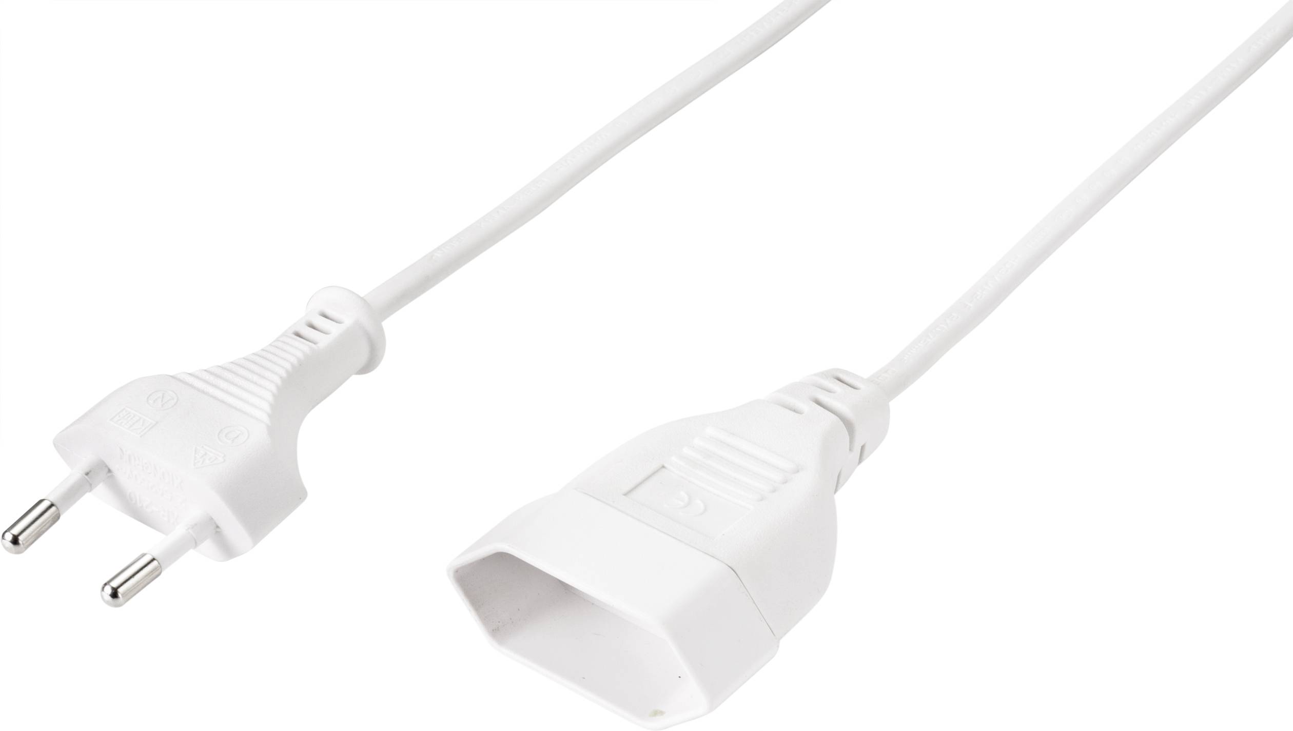 Rallonges électriques blanches avec fiche plate européenne et prise. Idéales pour les espaces étroits afin d'alimenter des appareils électriques.