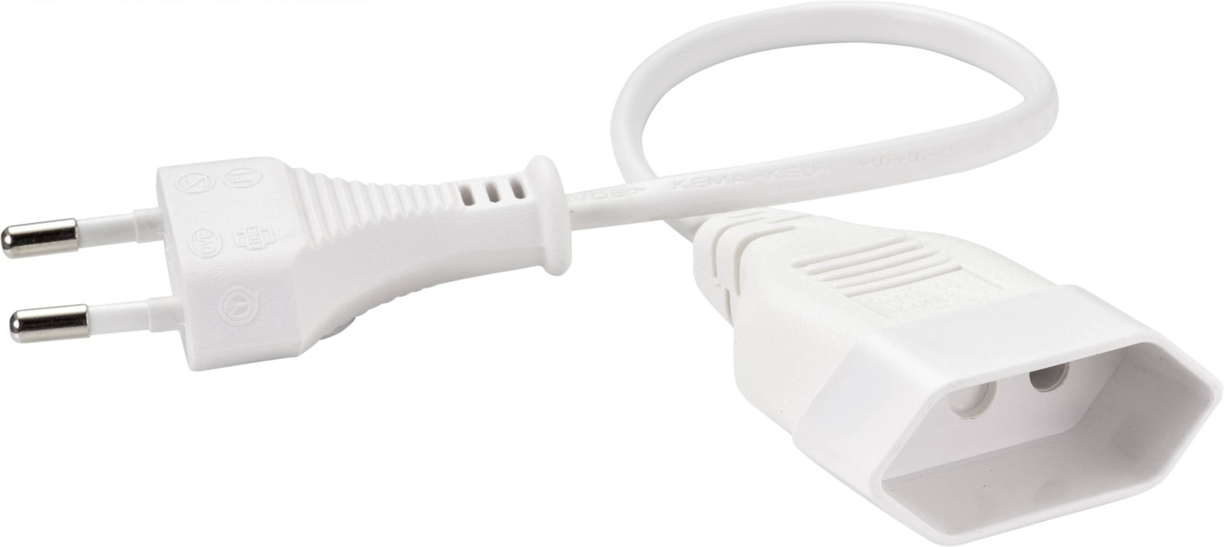 Un câble de rallonge blanc avec une fiche européenne bipolaire d'un côté et une prise bipolaire de l'autre.